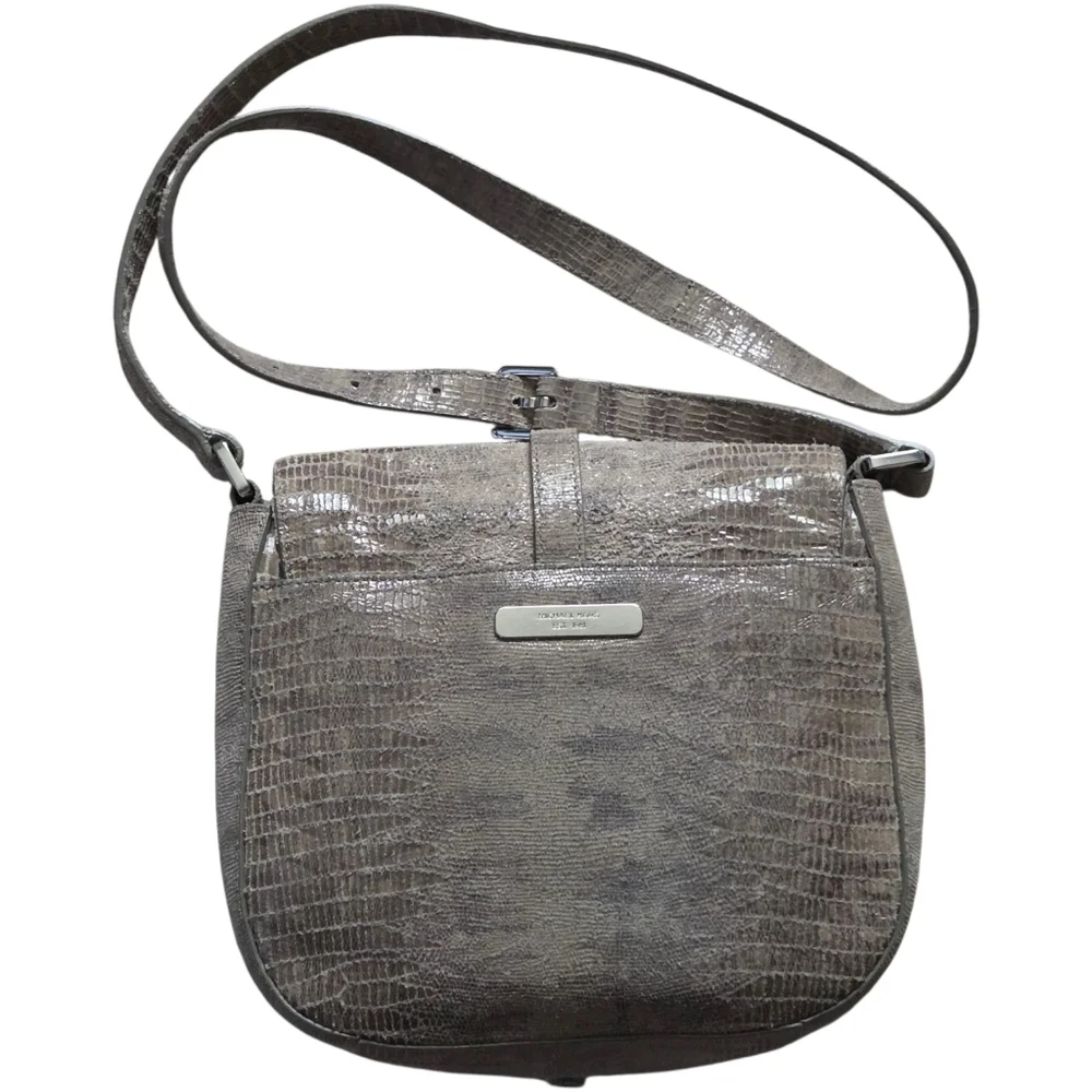 Michael Kors Croc Embossed Leather Crossbody Bag Grey Tan Silver Hardware